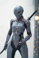 the robot is standing with his sword at his back, photo