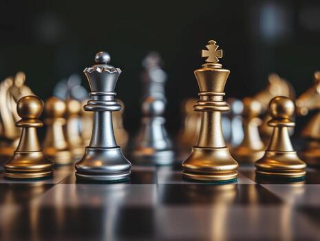 a close up view of chess pieces on a wooden table, photo