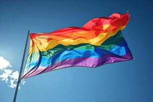 the rainbow flag flies in the air against the cloudy blue sky, photo
