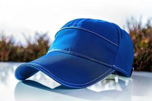 an empty blue hat on top of a car, photo