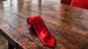 the red tie is on top the table, photo