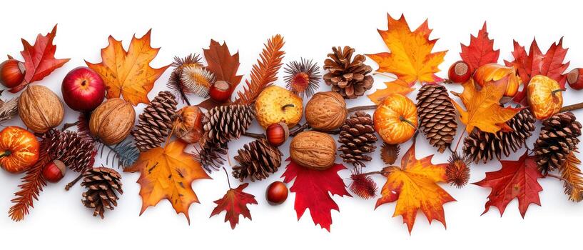 many nuts with fall leaves surrounding them, photo