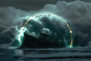 the ship is seen in this very artistic image, photo