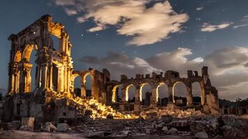 the destroyed ruins of an old house under a cloudy sky, photo