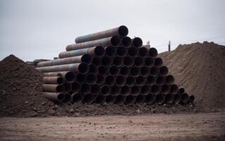 multiple pipe piles piled up in the desert, photo