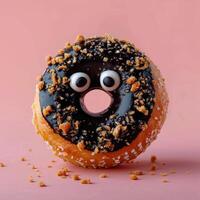 a doughnut with chocolate frosting on top and eyes, photo