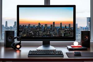 laptop computer with picture city skyline outside window, photo