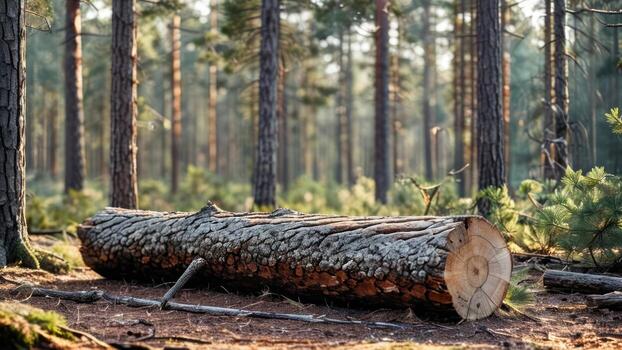 a fallen tree in a pine forest with sun shining through, photo