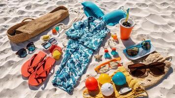 some beach accessories on the sand at sunset, photo