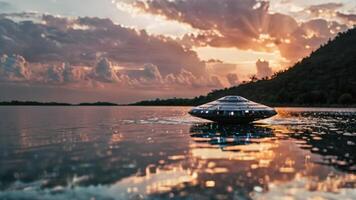 a ufo spaceship is at sunset on the still water, photo
