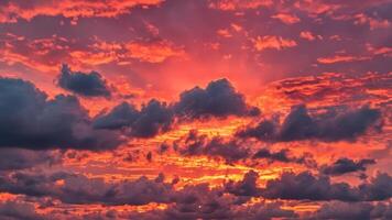 an orange sky with clouds on the horizon, photo