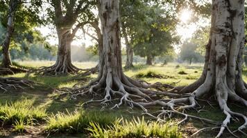 grass and trees that have some thick root growth, photo