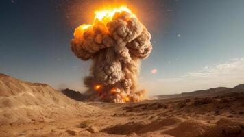 a massive explosion at an area with rocks and sand, photo