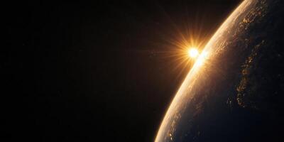 the sun rising over the horizon over an earth in outer space, photo