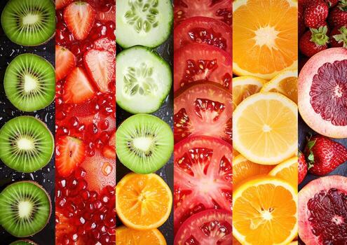 oranges, kiwi and lime on a square table, photo