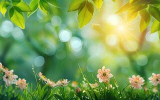 sunlight shines down on pink flowers in the midst of green, photo