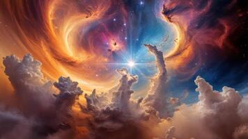 a bright blue nebula in between clouds and star, photo