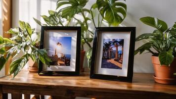 two black picture frames open on a table next to small potted plants, photo