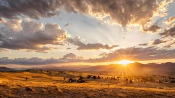 the sun goes down over a ranch on plains, photo