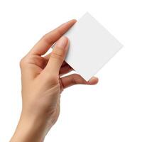 hand holding up a blank white card with copy space, photo