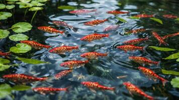 several fish in the water with green lily pads, photo