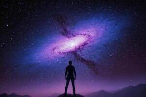 silhouette of man looking at large galaxy, photo
