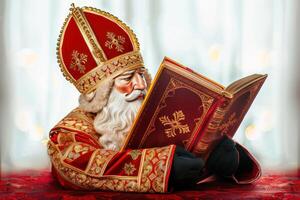 the statue with red paint is reading the book, photo