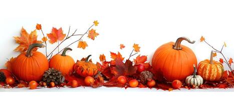 a variety of pumpkins sit near leaves with orange and red maple leaves, photo