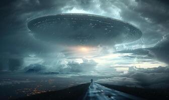 a man walks down the road in front of an alien spaceship, photo