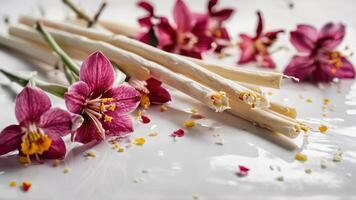 some pink flowers and some white stems on a plate, photo