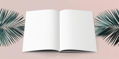 a open white blank book on a pink background, photo
