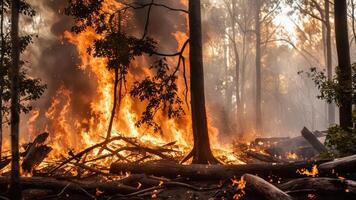 trees and debris on fire in the woods, photo