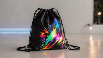 the drawstring bag is painted with various colors, photo