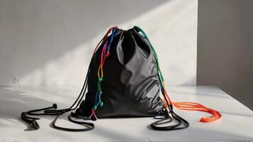 black drawstring bag with multiple different colored cords, photo