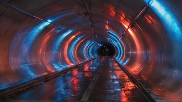 blue, red and orange lights are shining outside in a small tunnel, photo