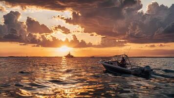 the sunset illuminates the sky and boats in the water, photo