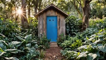 an out house in the forest next to a blue door, photo