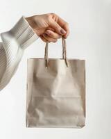 hand holding up brown bag with string handles of some sort, photo
