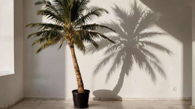 a palm tree casting the shadow of a wall, photo