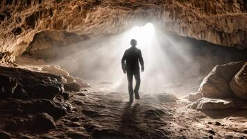 man standing in the caves, toward light, between rocks, photo