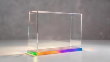 an acrylic device with colorful glass sides sits on a table, photo