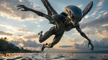 the alien monster is jumping over water to catch something, photo