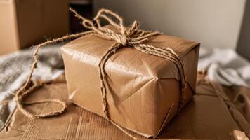 gift wrapped in brown paper laying on top of cardboard boxes, photo