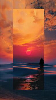 a person walking along an empty beach at sunset, photo