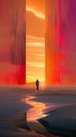 three people that are walking through the water at sunset, photo