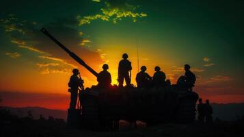 the silhouettes of men atop tanks and a truck under the setting sun, photo