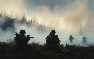 military personnel standing on the hill in foggy conditions, photo