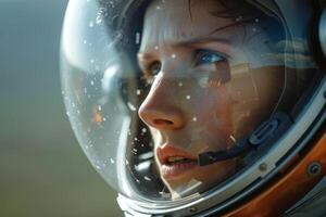 female astronaut wearing spacesmart helmet looking out window, photo