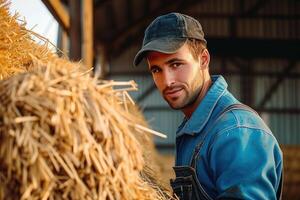 a guy wearing an overalls stands in front of some hay, photo