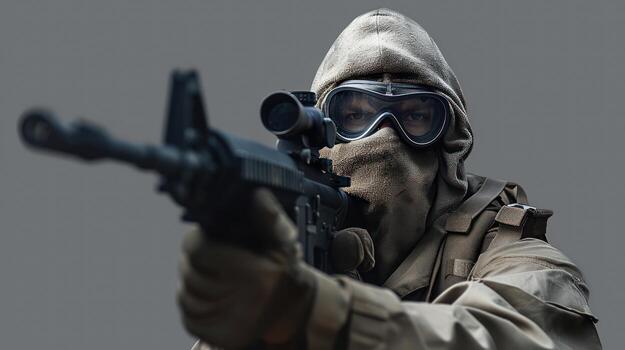 man in military gear holding semi - automatic rifle with goggles on, photo